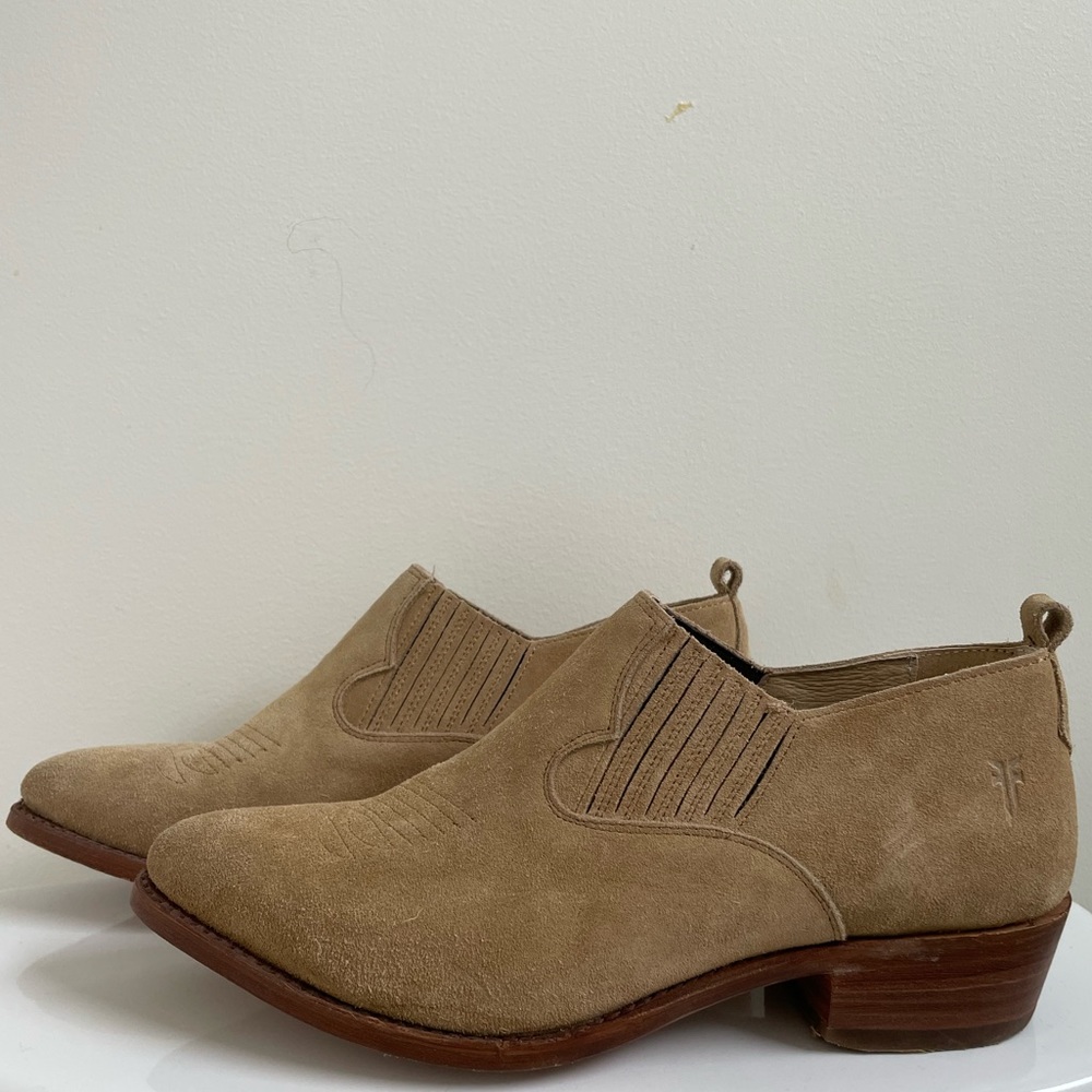 Tan Suede Frye Cowboy Ankle Bootie